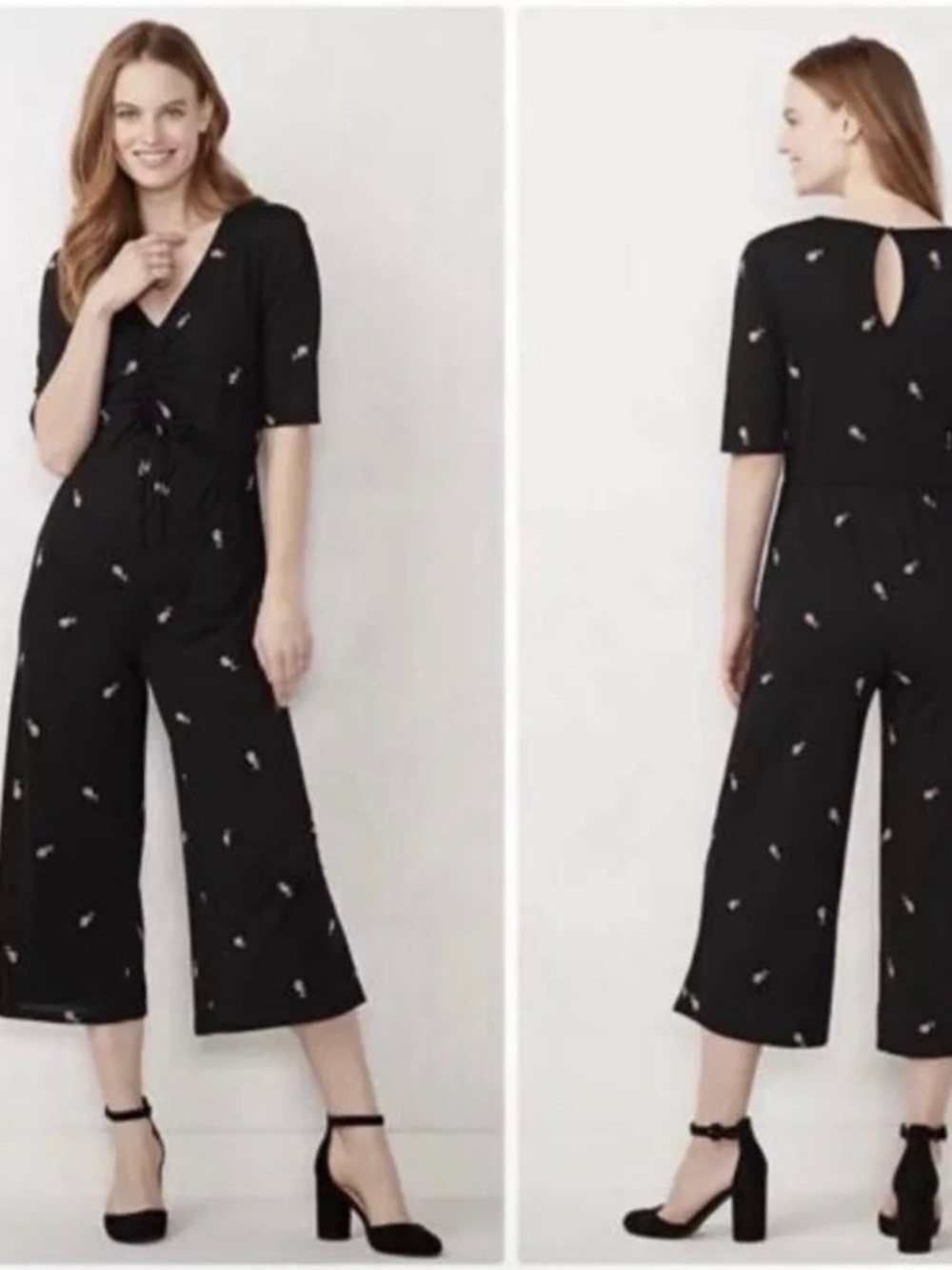 New LC Lauren Conrad Womens Black Floral V-Neck Stretch Jumpsuit Size L NWT
